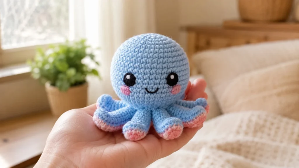 Crocheted tiny octopus amigurumi in vibrant colors